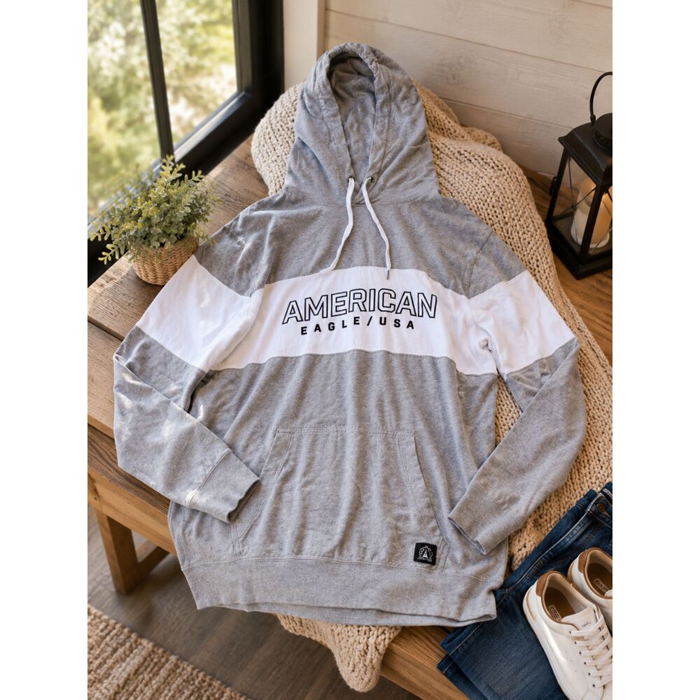 American Eagle Logo Gray White Pullover Hoodie Mens LT Long Sleeve Sweatshirt